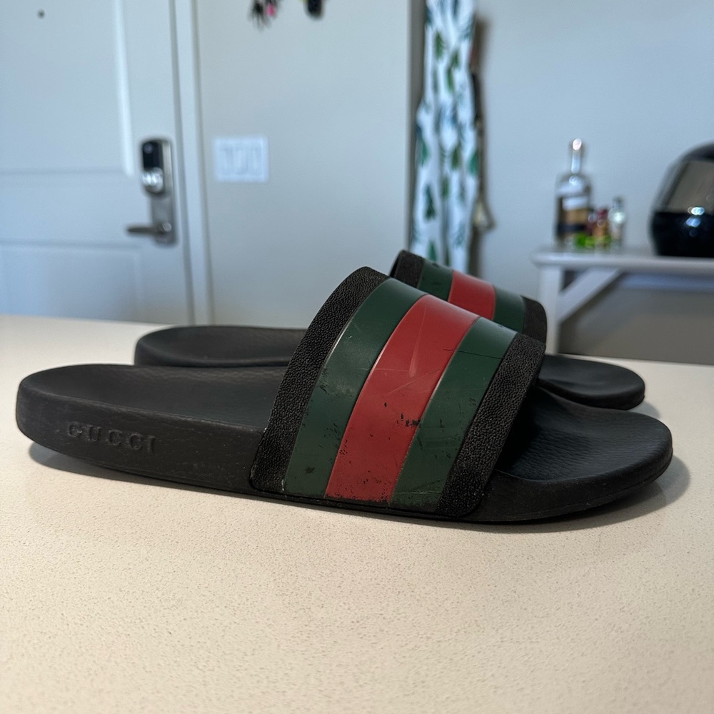 Black Gucci Slides with Green and Red stripe